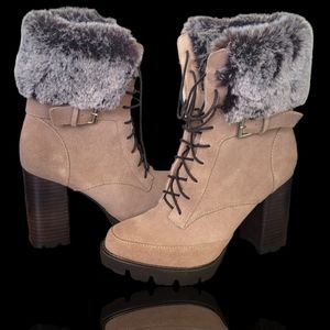 CHARLES DAVID Gutsy Faux Fur-Trim & Suede, Heeled Boots Size 6 1/2